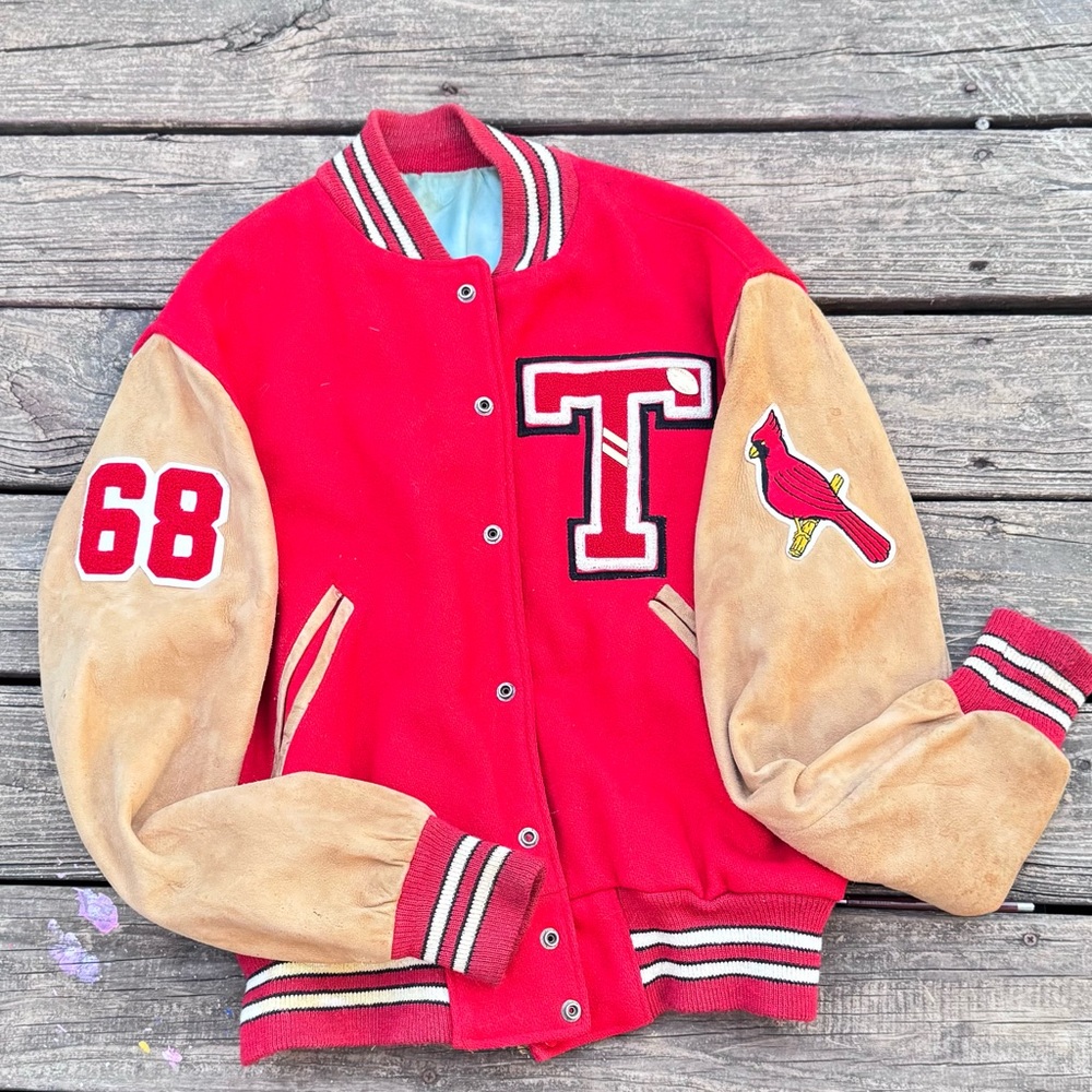Vintage Authentic Vintage  Varsity Jacket Red Wool Suede with Patches